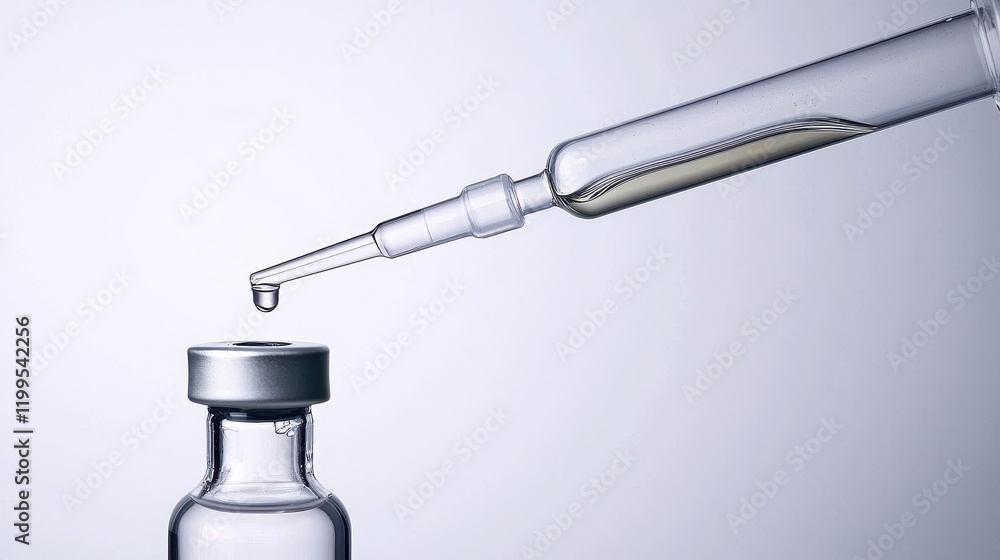A syringe is poised above a glass vial, with a drop of liquid hanging from the tip, suggesting a medical or pharmaceutical context. A syringe is poised above a glass vial, with a drop of liquid hanging from the tip, suggesting a medical or pharmaceutical context.