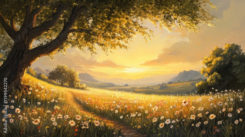 Obraz premium Spring landscape featuring a peaceful meadow under a golden sunrise