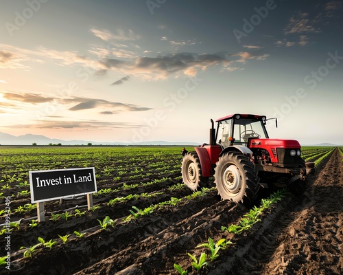 Rustic countryside scene with an old tractor parked near fertile soil, rows of crops, and a vintage 