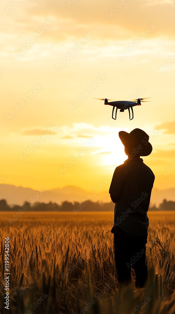 Smart farmer using a drone to inspect crops, technologydriven agriculture investment, innovationfocused concept Smart farmer using a drone to inspect crops, technologydriven agriculture investment, innovationfocused concept