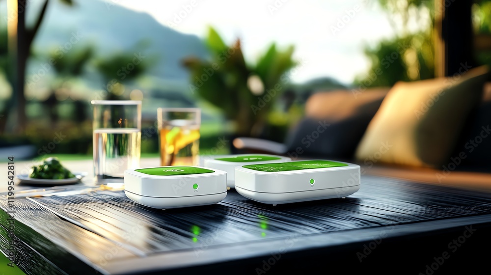 Smart garden irrigation timers and moisture monitors displayed on a garden table, ready for installation Smart garden irrigation timers and moisture monitors displayed on a garden table, ready for installation