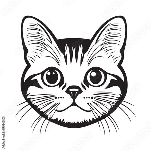 American shorthair cat face portrait, black outline clipart style illustration, transparent background