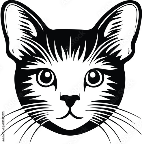 American shorthair cat face portrait, black outline clipart style illustration, transparent background