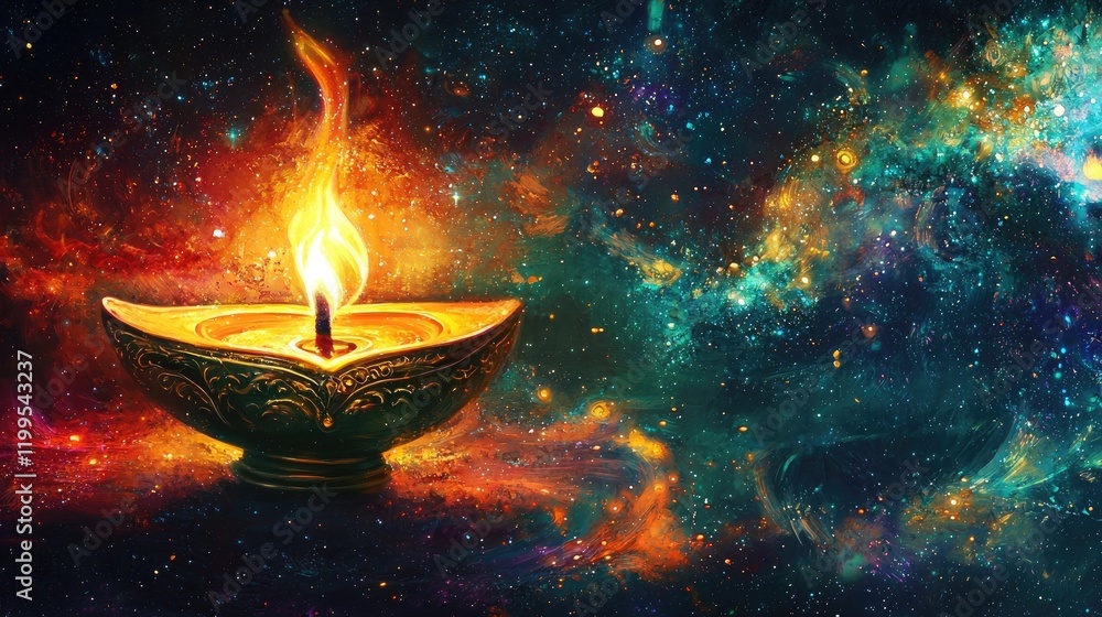 Single lit oil lamp against a cosmic backdrop of stars and galaxies. Represents spirituality, hope, and the connection between light and the universe. Generative AI. Single lit oil lamp against a cosmic backdrop of stars and galaxies. Represents spirituality, hope, and the connection between light and the universe. Generative AI.