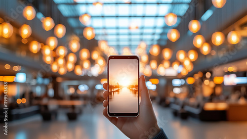 person holding smartphone displaying sunset scene, surrounded by warm glowing lights in modern indoor space, creating serene atmosphere photo