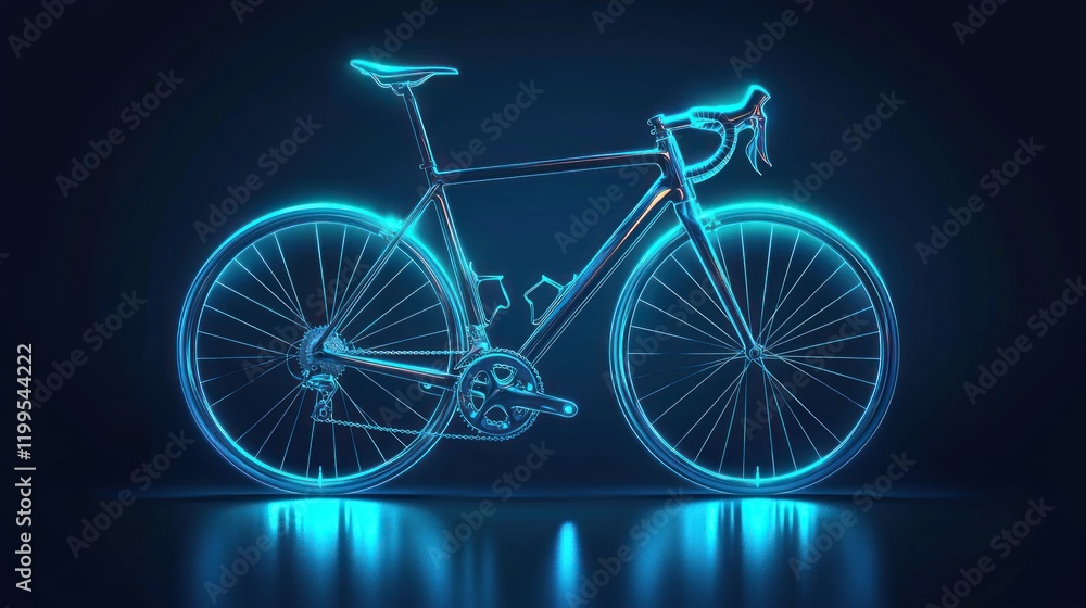 Fototapeta premium Glowing neon blue road bike on dark background.