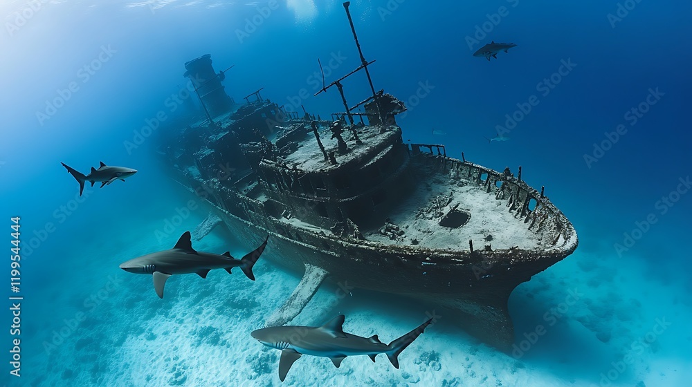 The wreck of an old ship on the seabed with sharks The wreck of an old ship on the seabed with sharks