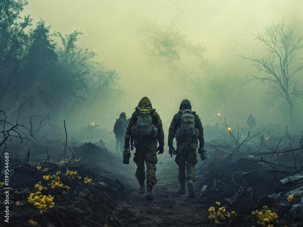 A grim post-apocalyptic scene of soldiers and civilians in gas masks navigating through a toxic chemical fog. A haunting and dystopian atmosphere. Generative AI A grim post-apocalyptic scene of soldiers and civilians in gas masks navigating through a toxic chemical fog. A haunting and dystopian atmosphere. Generative AI