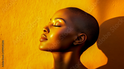 A beautiful Black woman with a shaved head, her skin glowing in the golden light of sunset, eyes closed and face turned towards it photo