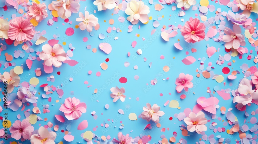 Spring sale background with bright banners, pastel confetti, and blooming floral patterns Spring sale background with bright banners, pastel confetti, and blooming floral patterns