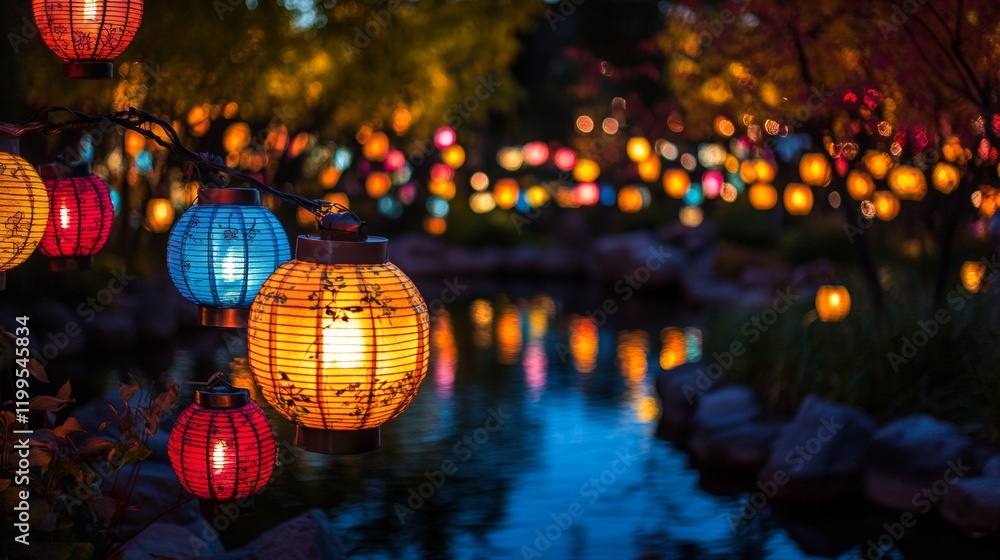 Chinese balloons illuminated over a lake at night Chinese balloons illuminated over a lake at night