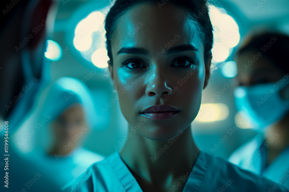 A beautiful mixed-race nurse stands in the center of an operating room, looking directly into the camera with a serious expression on her face A beautiful mixed-race nurse stands in the center of an operating room, looking directly into the camera with a serious expression on her face