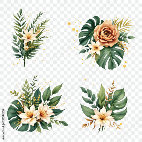 Watercolor vector plants flowers isolated on transparent background. Floristic elements