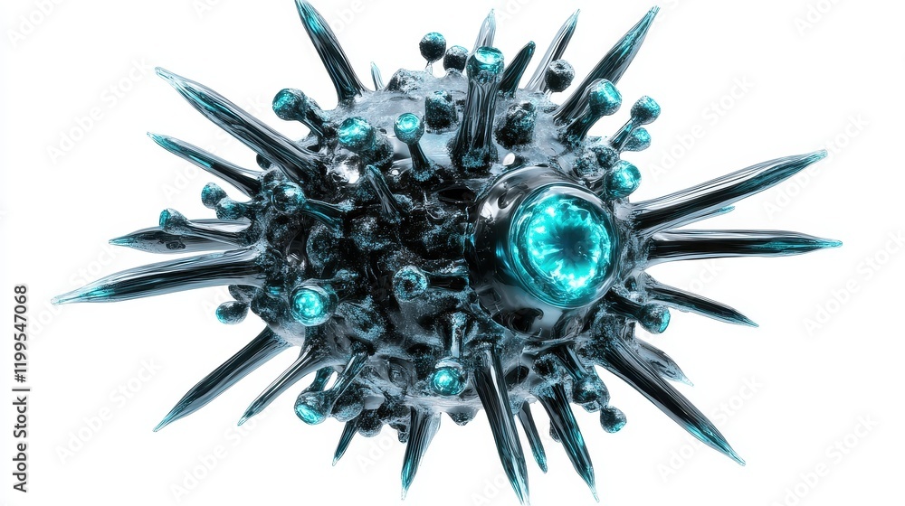 Fototapeta premium A 3D illustration of a virus particle, highly detailed, glowing bioluminescent accents, futuristic style, isolated on white background