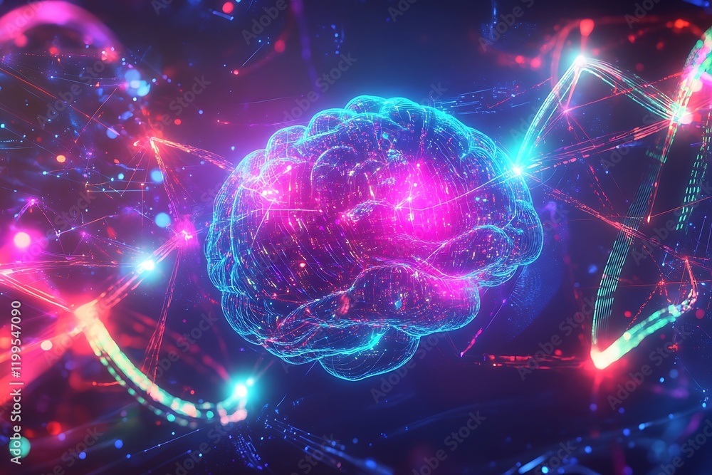 An AI Brain Illuminated by Vibrant Light Trails, Intricate Patterns, and Futuristic Design, Abstract Technology Background, Ideal for Innovation and Tech Visuals An AI Brain Illuminated by Vibrant Light Trails, Intricate Patterns, and Futuristic Design, Abstract Technology Background, Ideal for Innovation and Tech Visuals