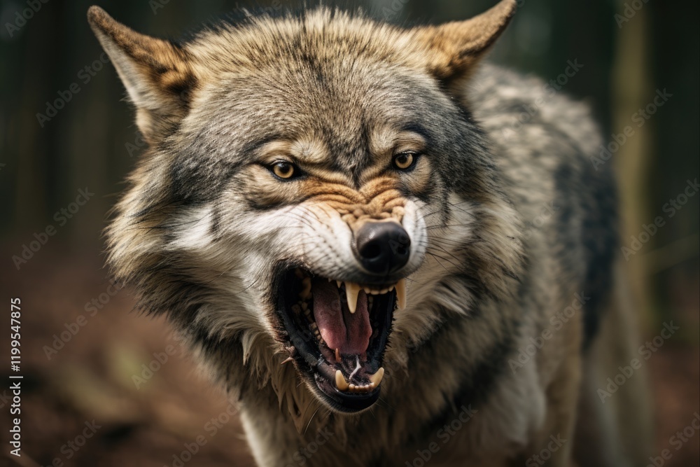 Obraz premium Snarling Wolf in the Wild: A Fierce Predator of the Canine Family