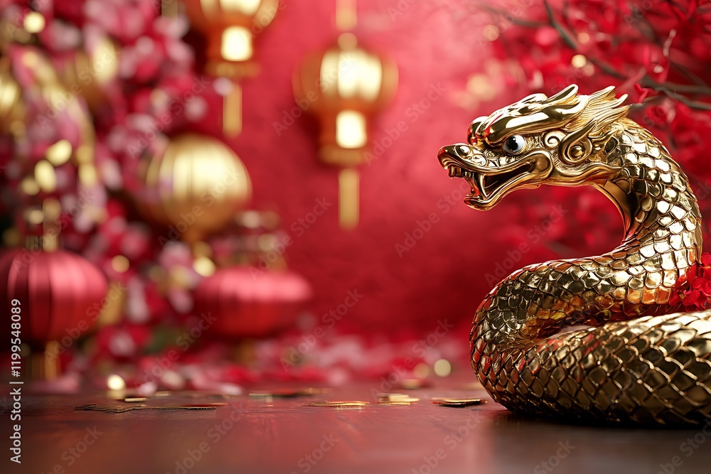 Fototapeta premium Chinese New Year Celebration Background with a Golden Snake and Vibrant Colors.