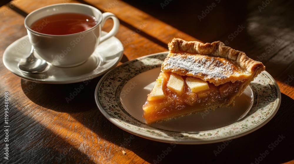 Apple pie slice and tea on wooden table in sunlight. Apple pie slice and tea on wooden table in sunlight.