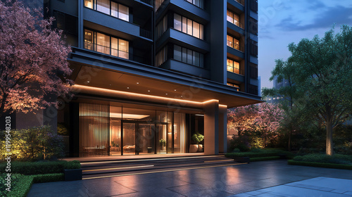 桜と庭木が彩る高級感あふれる夜のマンションエントランス