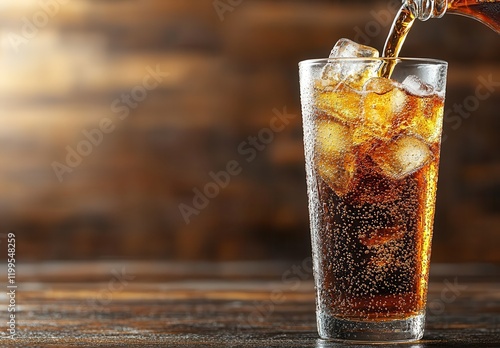 Wallpaper Mural Refreshing Carbonated Beverage Being Poured into a Chilled Glass with Ice Cubes Against a Wooden Background in a Stylish Setting for Beverage or Drink Concepts Torontodigital.ca