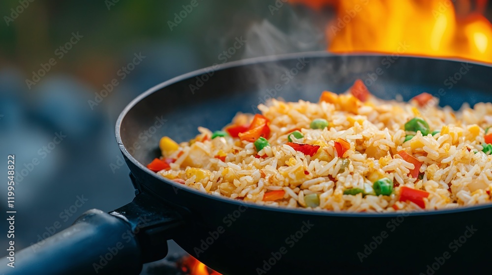 Cooking colorful vegetable fried rice over open fire outdoor campfire culinary delight nature setting Cooking colorful vegetable fried rice over open fire outdoor campfire culinary delight nature setting