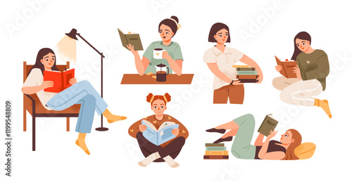 People read books. Books, hobbies and education concept. Student enjoying a novel. Flat vector illustration set.