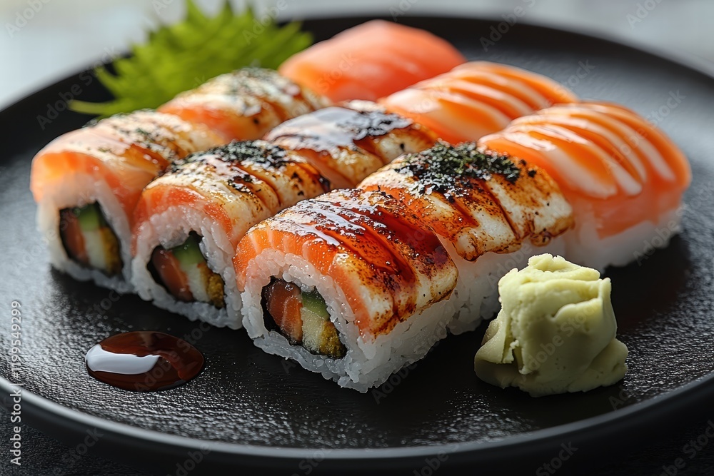 Sushi assortment including various rolls with soy sauce on a black plate Sushi assortment including various rolls with soy sauce on a black plate
