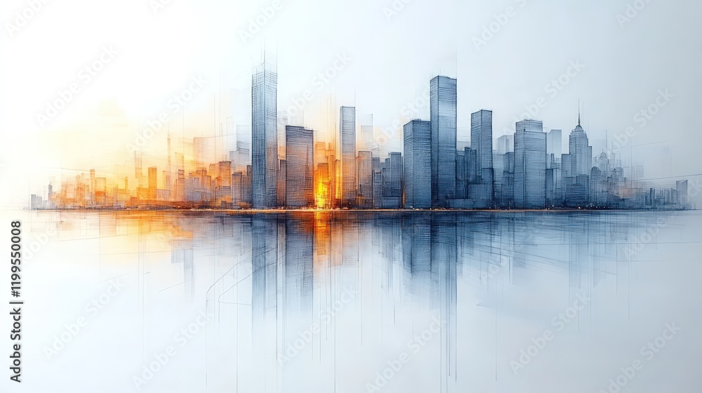 Obraz premium Sketchy city skyline reflected in water.