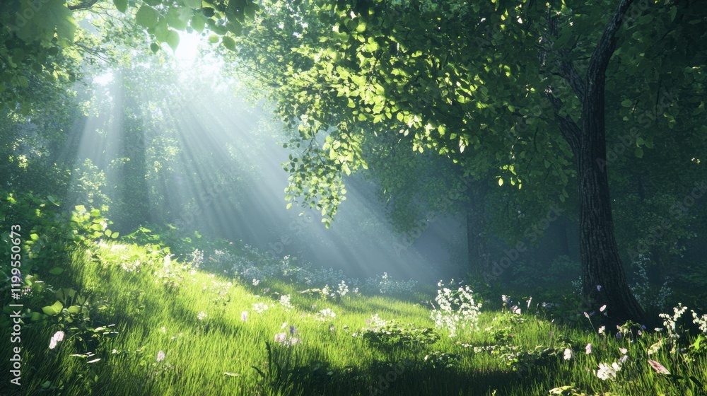 Obraz premium Springtime forest glade filled with sunbeams filtering through fresh green leaves