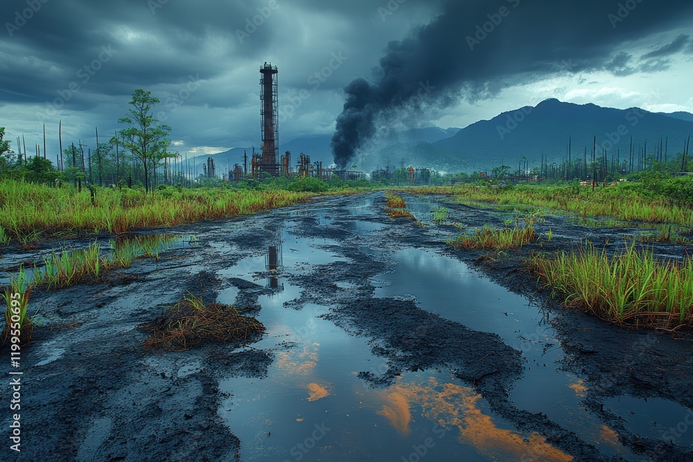 Consequences of chemical water pollution affecting the landscape near an industrial site Consequences of chemical water pollution affecting the landscape near an industrial site