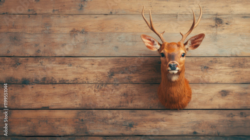 Rustic Cabin and Hunting Lodge, A deer head mounted on a rustic wooden wall, showcasing natural textures and colors in a cozy, rustic setting. photo