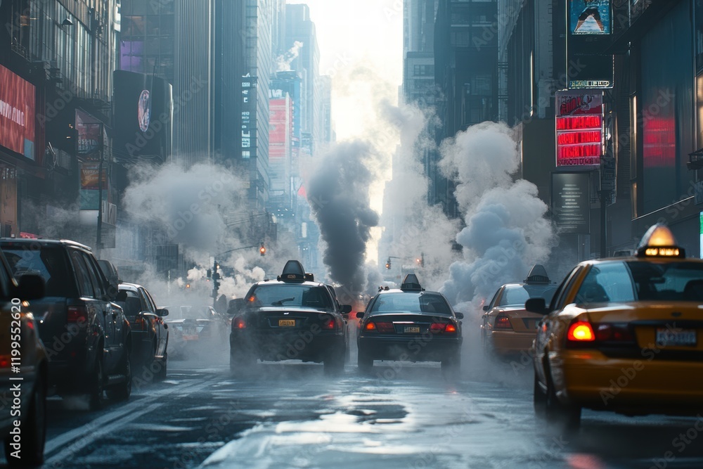Obraz premium Exhaust gases rising from yellow taxis in bustling city streets at dawn