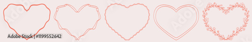 Heart frame with bow and ribbons. Hand Drawn pink coquette borders for wedding invitation. Whimsical frames for birthday card, menu design and holiday graphic decoration. Minimalist girly line art.