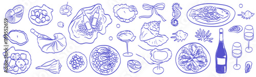 Sea coast wedding with wine and seafood decorated with seashells. Hand drawn food and champagne illustrations. Italian romantic summer holidays on beach. Doodle drawing for menu, invitation and poster