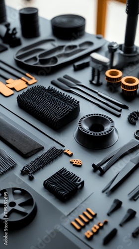 3Dprinted farming tools laid out on a table, symbolizing costefficient innovation in agricultural tools photo