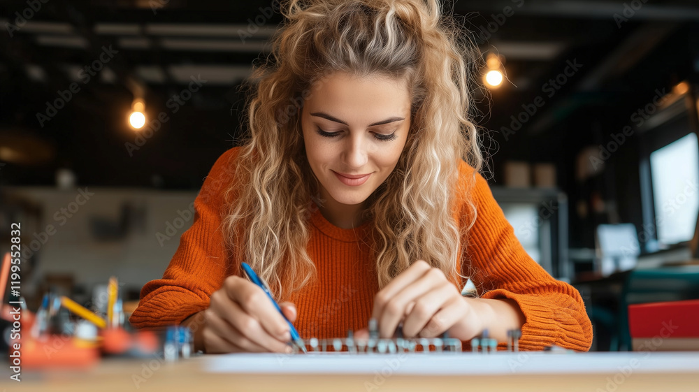 Fototapeta premium Creative woman working on project in modern workspace, focused on details. Her curly hair and orange sweater add vibrant touch to inspiring environment