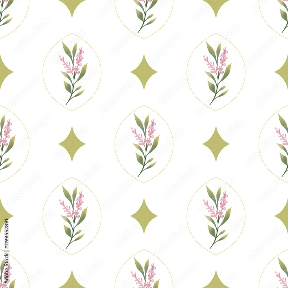 seamless pattern with a bright pink plant on a white background with geometric shapes in lime color seamless pattern with a bright pink plant on a white background with geometric shapes in lime color