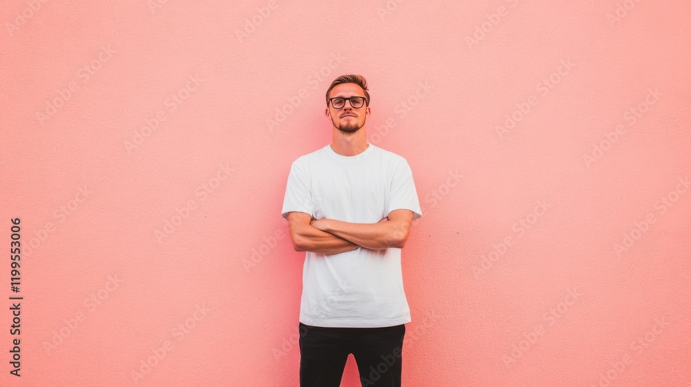 Man in white t-shirt and glasses, arms crossed, pink background. Man in white t-shirt and glasses, arms crossed, pink background.