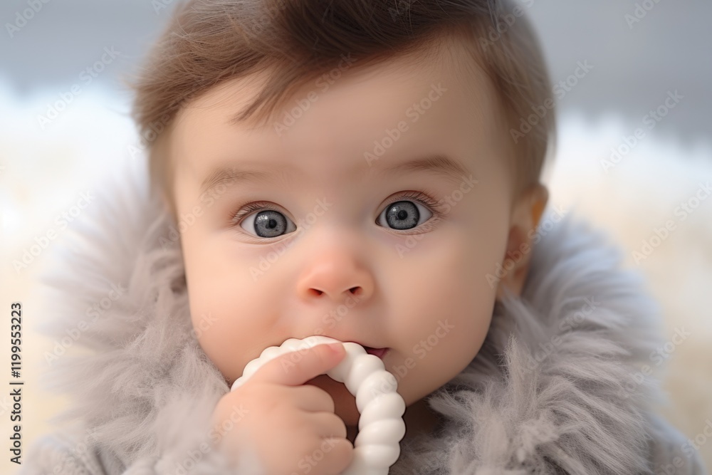 Tiny Toddler Boy Lifts Head in Adorable Expression While Chewing on Teething Ring Toy Tiny Toddler Boy Lifts Head in Adorable Expression While Chewing on Teething Ring Toy