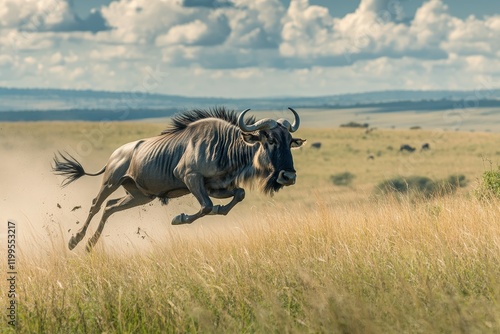 Majestic blue wildebeest with distinctive curved horns roam freely in the arid, sun-baked landscape of Etosha National Park, Namibia.. Beautiful simple AI generated image photo