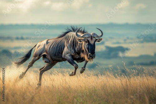 A wildebeest mid-run isolated on a transparent background.. Beautiful simple AI generated image photo