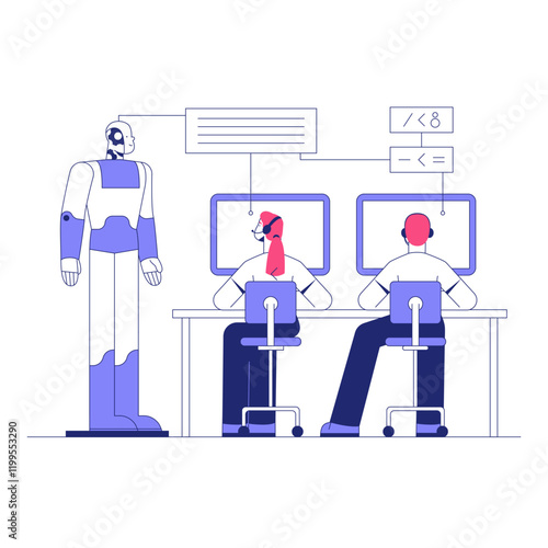 Robot Supervising Programmers Working On Computers In Flat Vector Illustration Symbolizing Artificial Intelligence, Technology, And Workplace Innovation, Isolated On White Background.