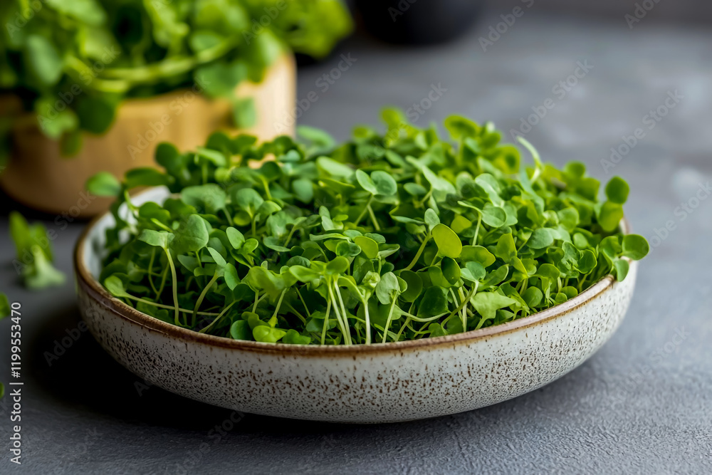 A bowl of fresh green microgreens sprouts with leaves on a gray background. A bowl of fresh green microgreens sprouts with leaves on a gray background.