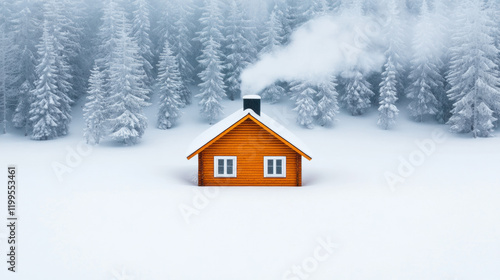 Rustic Cabin and Hunting Lodge, A cozy wooden cabin surrounded by snow-covered trees, with smoke gently rising from the chimney in a tranquil winter landscape. photo