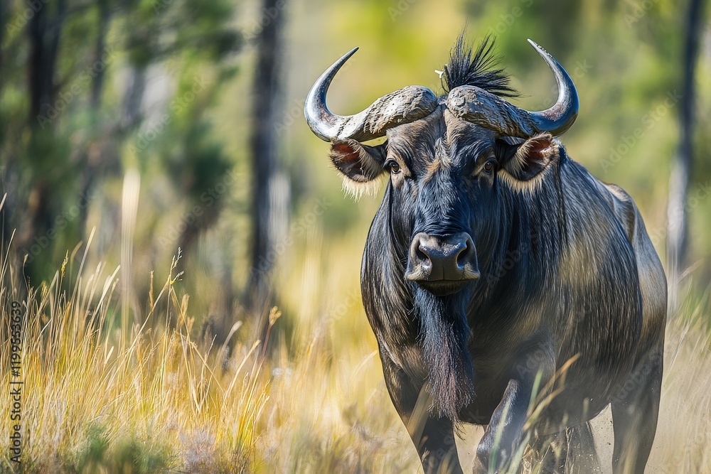 Majestic blue wildebeest with distinctive curved horns roam freely in the arid, sun-baked landscape of Etosha National Park, Namibia.. Beautiful simple AI generated image Majestic blue wildebeest with distinctive curved horns roam freely in the arid, sun-baked landscape of Etosha National Park, Namibia.. Beautiful simple AI generated image