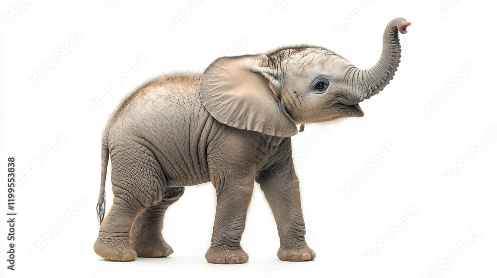 Fototapeta premium A baby elephant standing on a white background