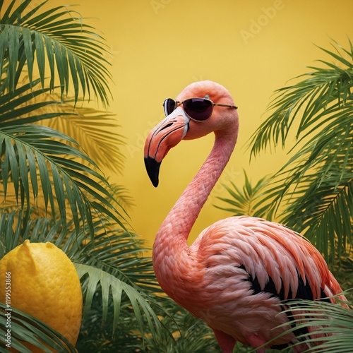 This vibrant 3D illustration features a playful pink flamingo sporting stylish sunglasses and a trendy hat, relaxing beneath a lush palm leaf.  photo