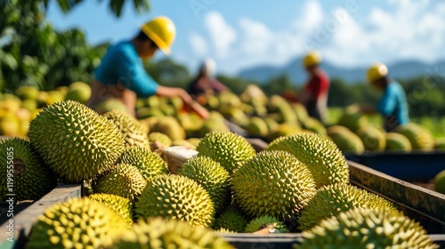 A tropical fruit plantation with workers harvesting durians, highlighting Thailand s niche agricultural export industry photo