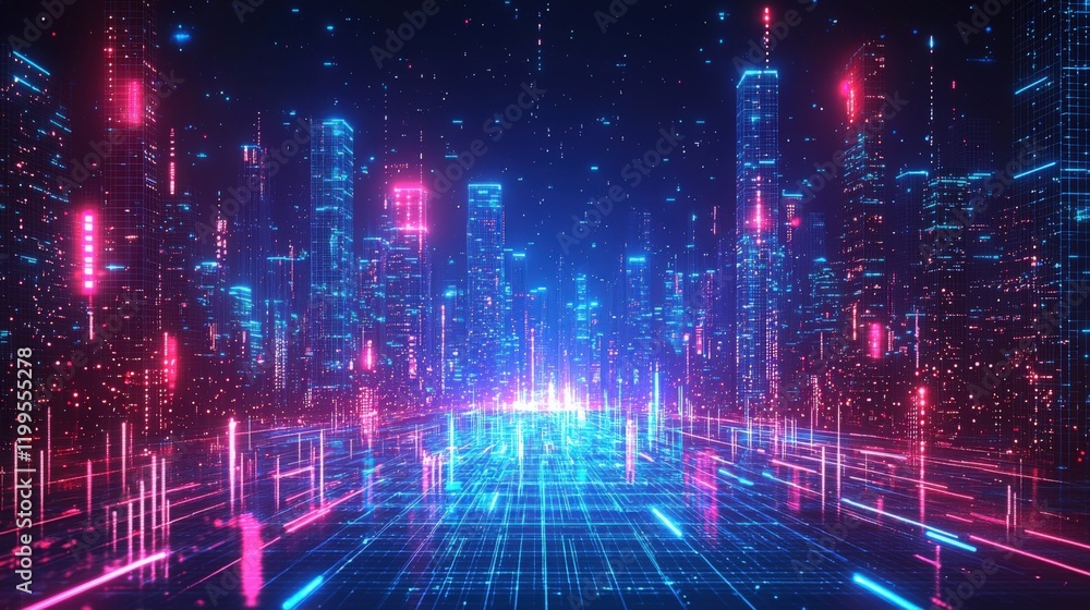 Futuristic Cyberpunk Cityscape with Neon Lights and Grid Lines, Generated AI Futuristic Cyberpunk Cityscape with Neon Lights and Grid Lines, Generated AI