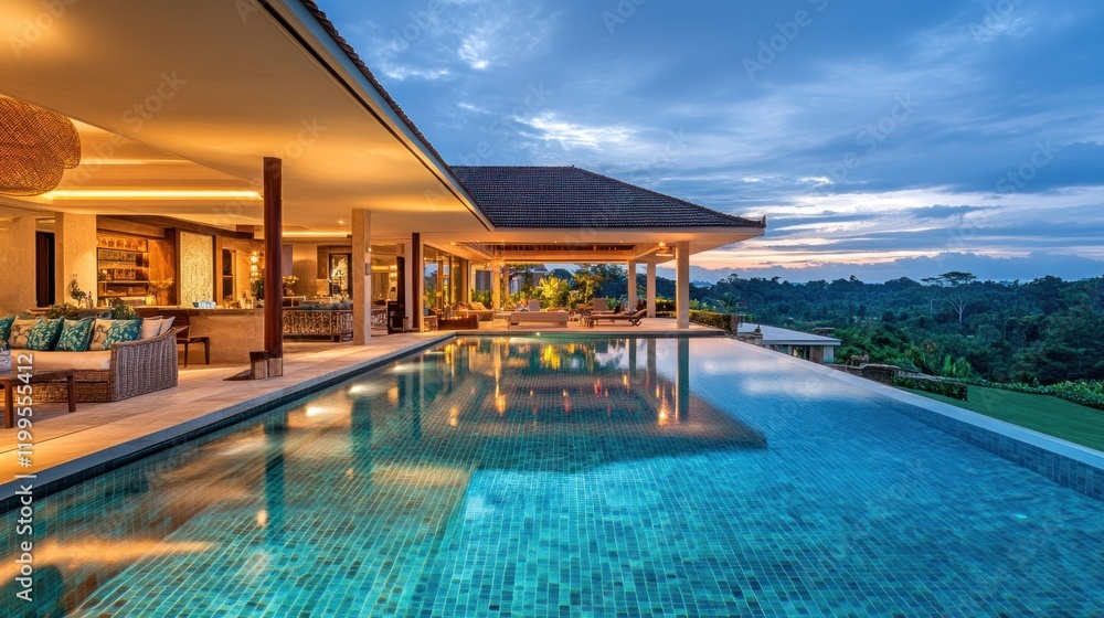 Luxurious villa with infinity pool at sunset, overlooking lush greenery. Luxurious villa with infinity pool at sunset, overlooking lush greenery.